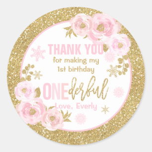 Winter ONEderland Pink And Gold Birthday Favors Classic Round Sticker