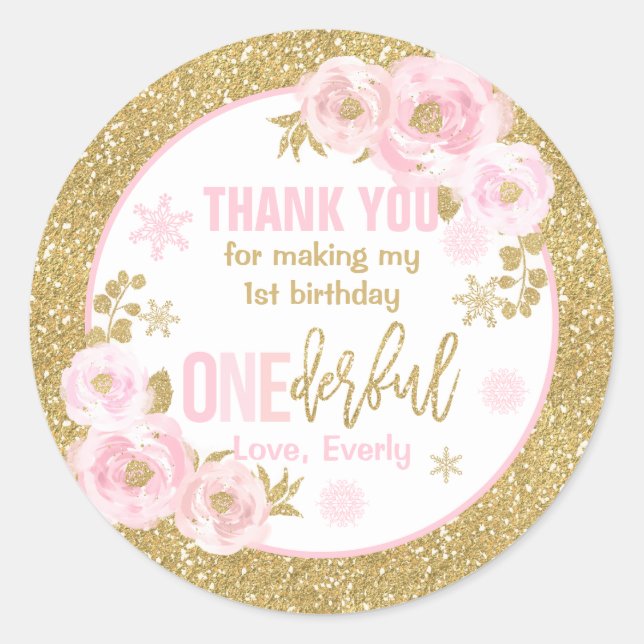 Winter ONEderland Pink And Gold Birthday Favors Classic Round Sticker (Front)