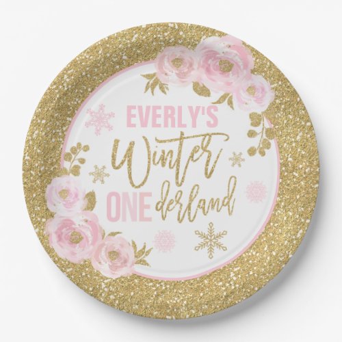 Winter ONEderland Pink And Gold Decorations Paper Plates