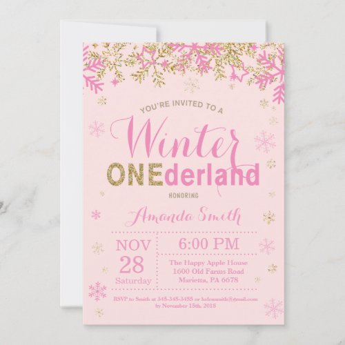Winter Onederland Pink and Gold Girl 1st Birthday Invitation
