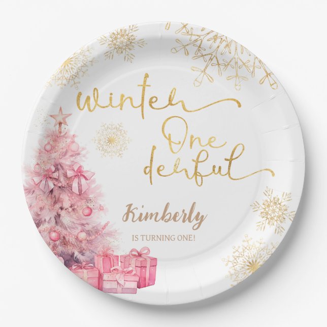Winter Onederland Pink and Gold Snowflake Paper Plates (Front)
