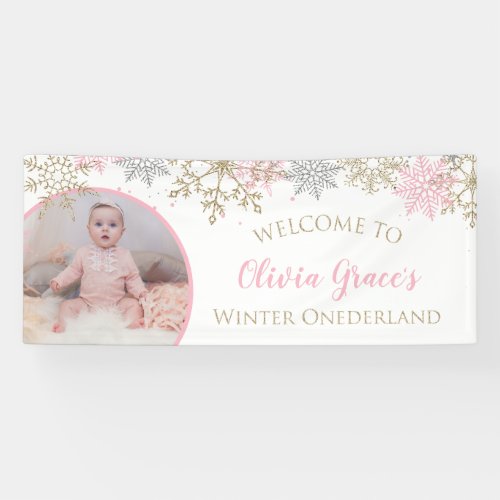 Winter Onederland Pink and Gold Snowflakes Photo Banner