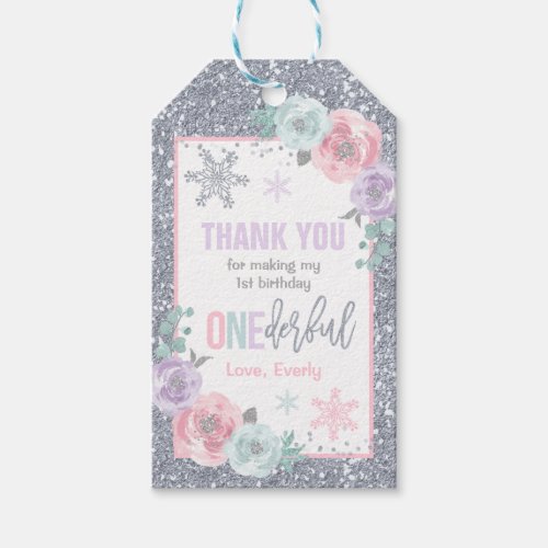 Winter ONEderland Pink And Silver Birthday Favor Gift Tags