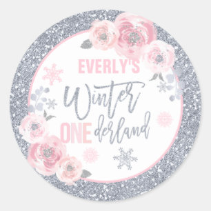 Winter ONEderland Pink And Silver Birthday Favors Classic Round Sticker