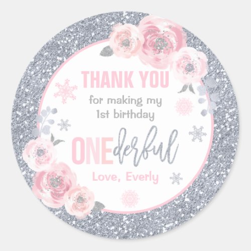 Winter ONEderland Pink And Silver Birthday Favors Classic Round Sticker