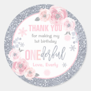Winter ONEderland Pink And Silver Birthday Favors Classic Round Sticker