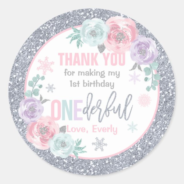 Winter ONEderland Pink And Silver Birthday Favors Classic Round Sticker (Front)