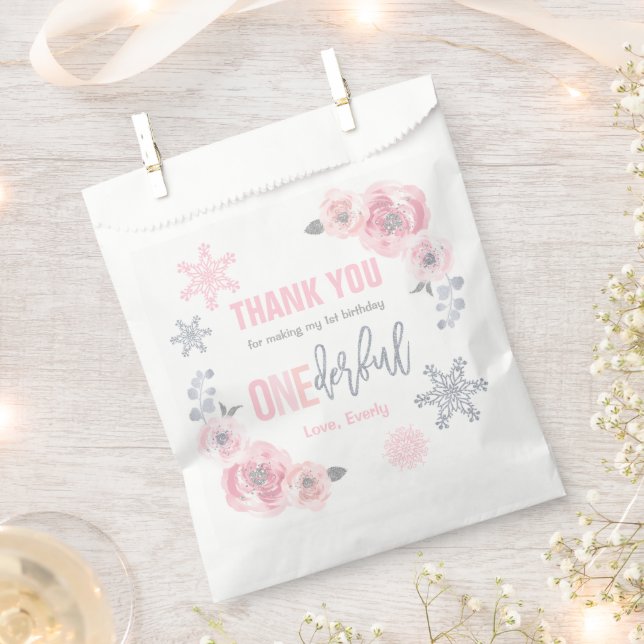 Winter ONEderland Pink And Silver Birthday Party Favor Bag (Clipped)