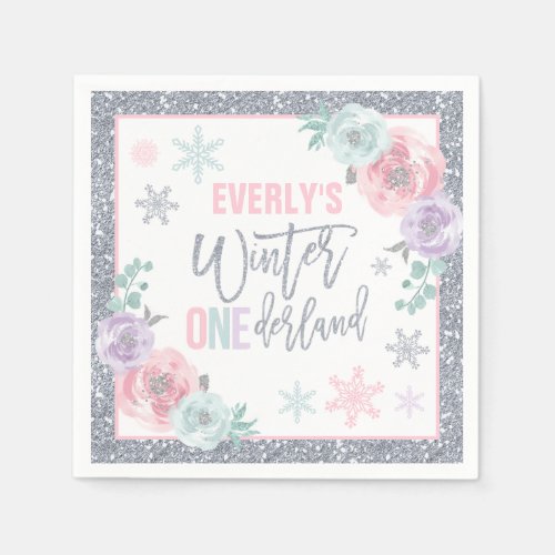 Winter ONEderland Pink And Silver Birthday Party Napkins