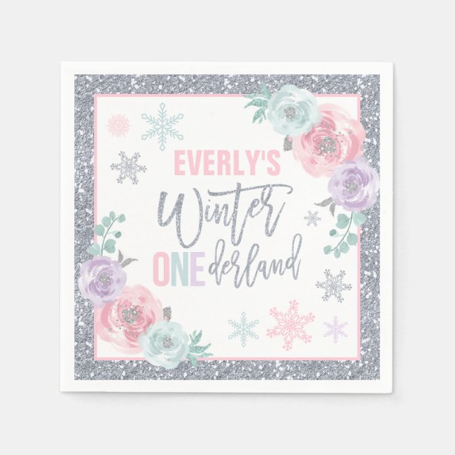 Winter ONEderland Pink And Silver Birthday Party Napkins (Front)