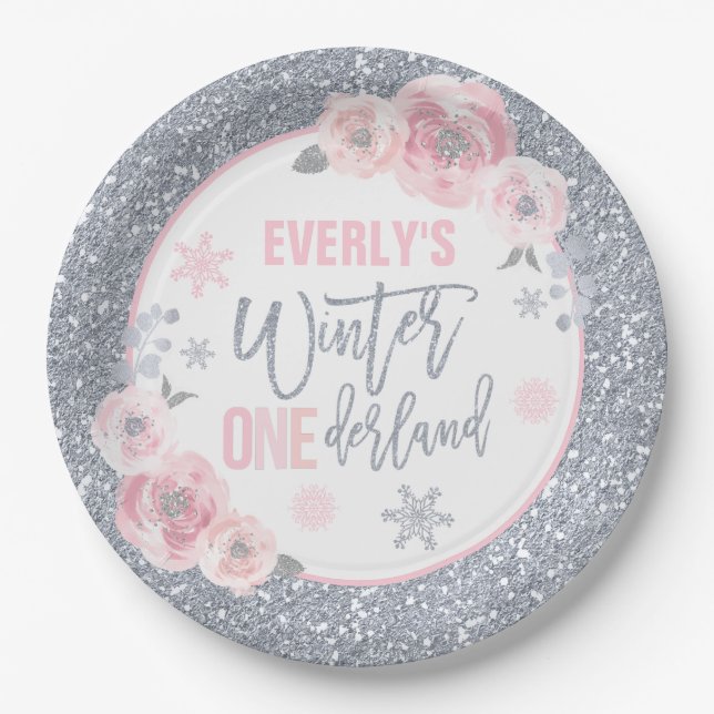 Winter ONEderland Pink And Silver Decorations Paper Plates (Front)