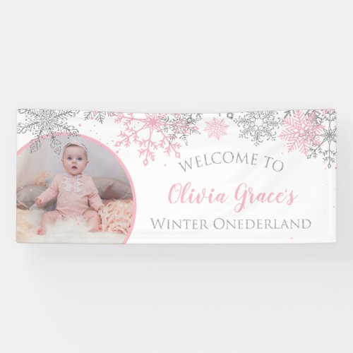 Winter Onederland Pink and Silver Snowflakes Photo Banner