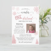 Winter ONEderland Pink Baby First Birthday By Mail Invitation (Standing Front)