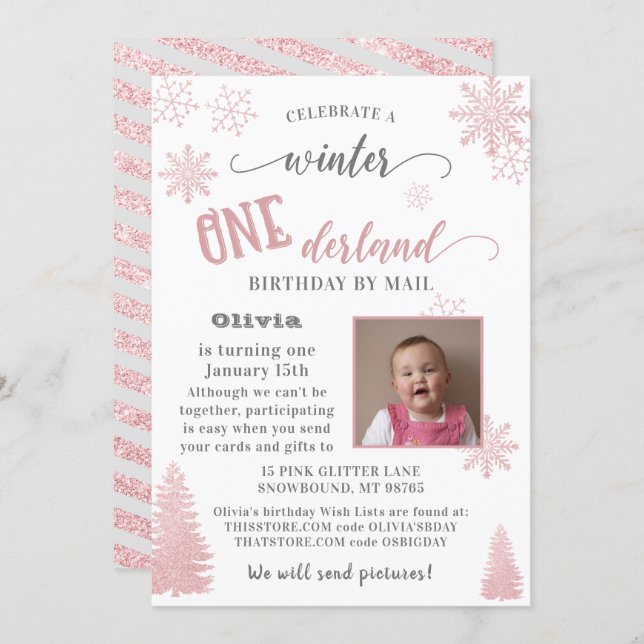 Winter ONEderland Pink Baby First Birthday By Mail Invitation (Front/Back)