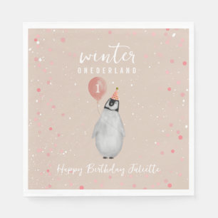 Winter Onederland Pink Balloon Penguin Birthday Napkins