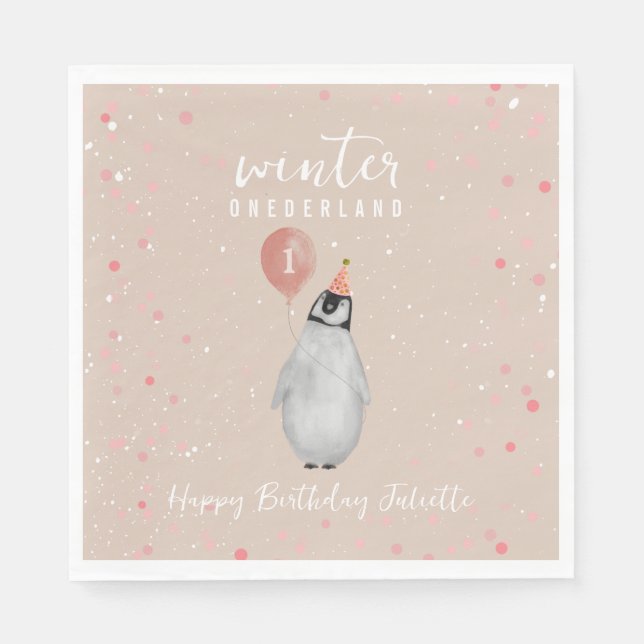 Winter Onederland Pink Balloon Penguin Birthday Napkins (Front)