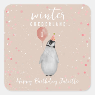 Winter Onederland Pink Balloon Penguin Birthday Square Sticker