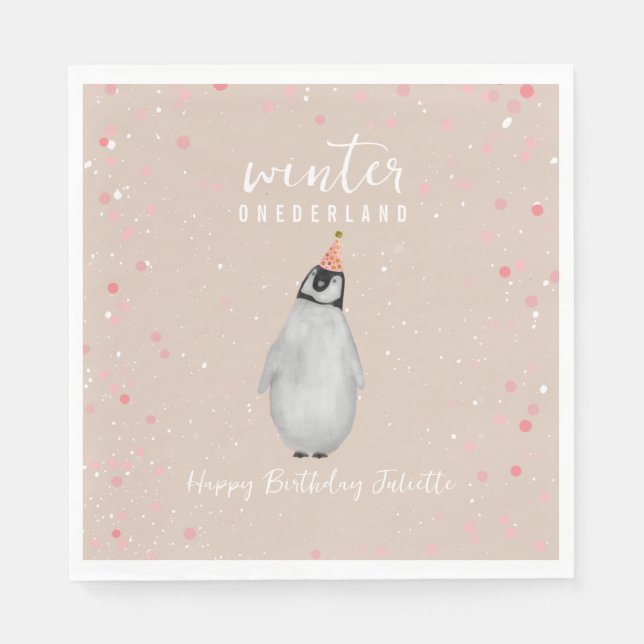 Winter Onederland Pink Birthday Penguin Birthday Napkins (Front)