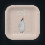 Winter Onederland Pink Birthday Penguin Birthday Paper Plates<br><div class="desc">Winter Onederland first birthday party theme featuring penguin in pink party hat over light pink background with snow speckle and confetti.</div>