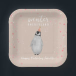 Winter Onederland Pink Birthday Penguin Birthday Paper Plates<br><div class="desc">Winter Onederland first birthday party theme featuring penguin in pink party hat over light pink background with snow speckle and confetti.</div>