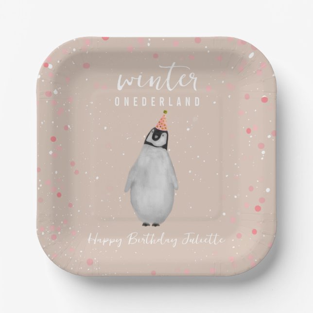 Winter Onederland Pink Birthday Penguin Birthday Paper Plates (Front)