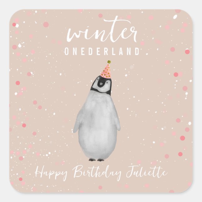 Winter Onederland Pink Birthday Penguin Confetti Square Sticker (Front)