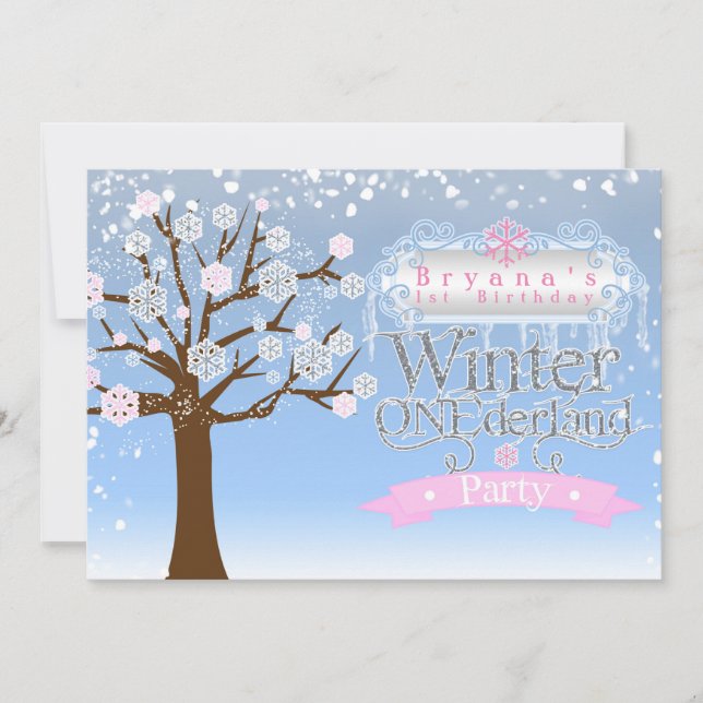 Winter ONEderland Pink Birthday Photo Invitation (Front)