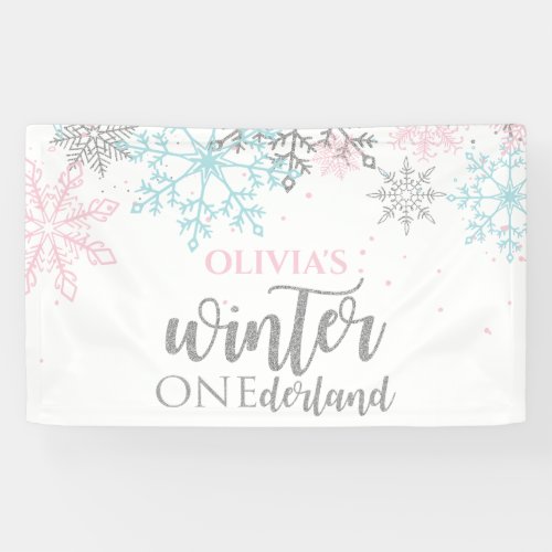 Winter Onederland Pink blue silver glitter Banner