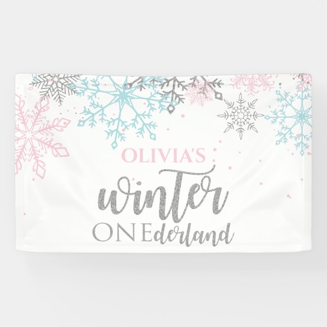 Winter Onederland Pink blue silver glitter Banner (Horizontal)