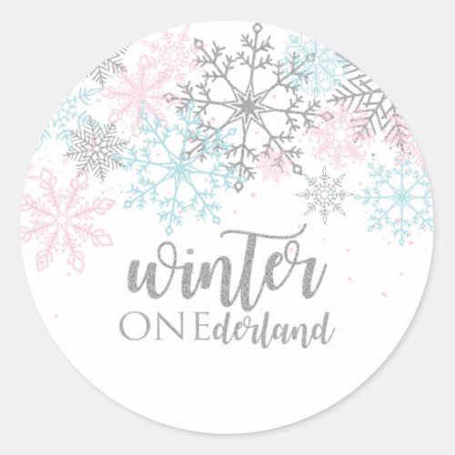 Winter Onederland Pink blue silver glitter Classic Round Sticker