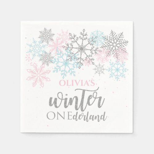 Winter Onederland Pink blue silver glitter Napkins