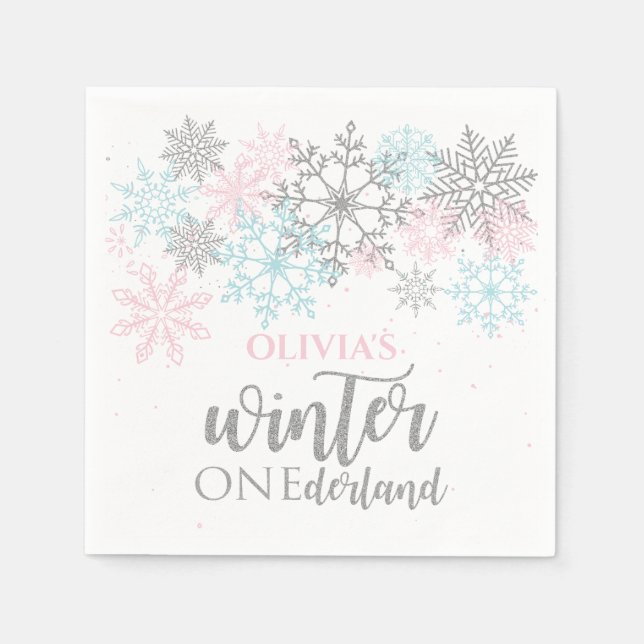 Winter Onederland Pink blue silver glitter Napkins (Front)