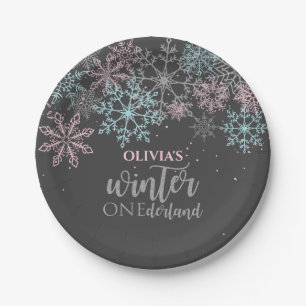 Winter Onederland Pink blue silver glitter Paper Plates