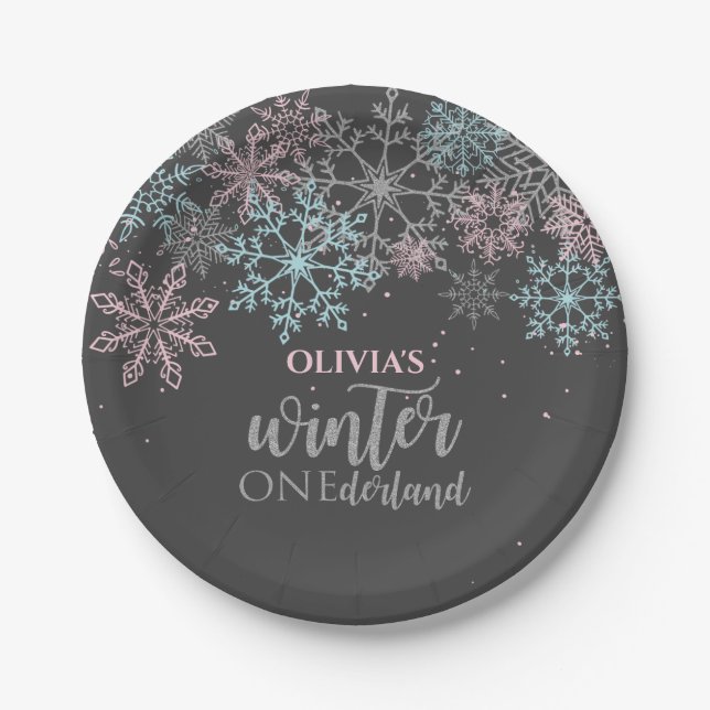 Winter Onederland Pink blue silver glitter Paper Plates (Front)