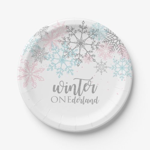 Winter Onederland Pink blue silver glitter Paper Plates