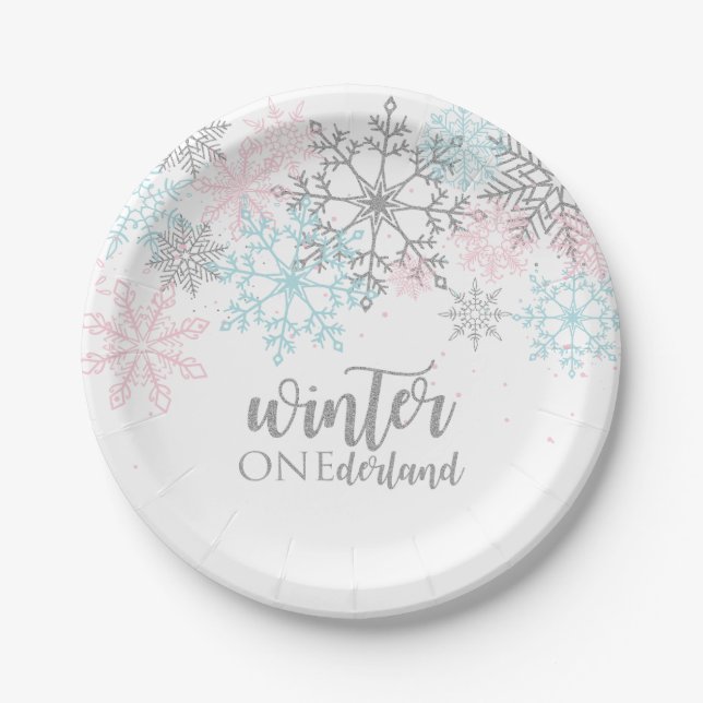 Winter Onederland Pink blue silver glitter Paper Plates (Front)