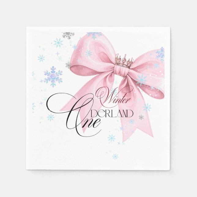 Winter ONEderland Pink Bow 1st Birthday Party Napkins (Front)