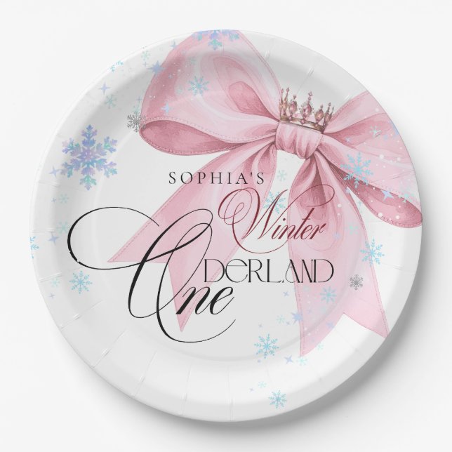 Winter ONEderland Pink Bow 1st Birthday Party Paper Plates (Front)