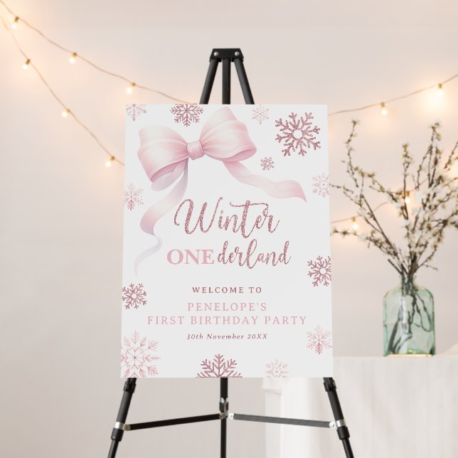Winter Onederland Pink Bow 1st Birthday Welcome Foam Board (In Situ (Stand))