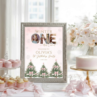 Winter Onederland Pink Bow 1st Birthday Welcome Poster