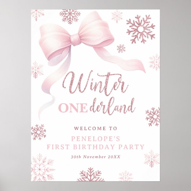 Winter Onederland Pink Bow 1st Birthday Welcome Poster (Front)