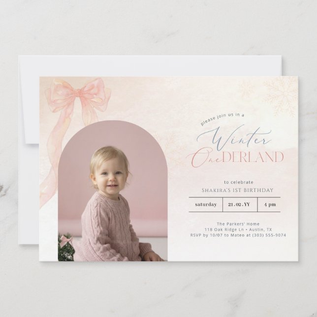 Winter Onederland Pink Bow Arch Photo 1st Birthday Invitation (Front)