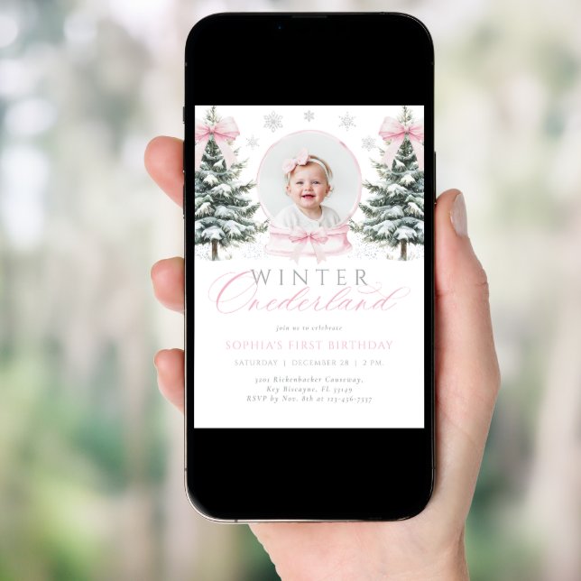 Winter ONEderland Pink Bow First Birthday Invitation (Front Digital)