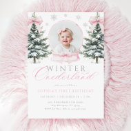 Winter ONEderland Pink Bow First Birthday Invitation