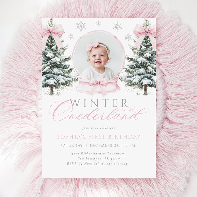 Winter ONEderland Pink Bow First Birthday Invitation (Creator Uploaded)
