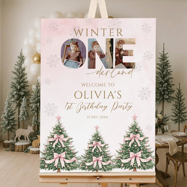 Winter Onederland Pink Bow First Birthday Photo Foam Board (Creator Uploaded)