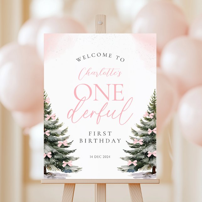 Winter Onederland Pink Bow First Birthday Welcome Foam Board (Creator Uploaded)