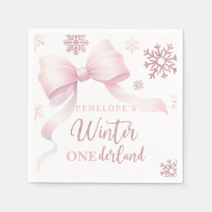 Winter Onederland Pink Bow Girl 1st Birthday Napkins