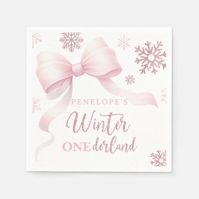 Winter Onederland Pink Bow Girl 1st Birthday Napkins (Front)