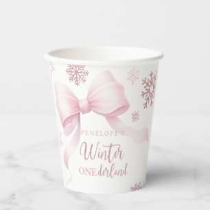 Winter Onederland Pink Bow Girl 1st Birthday Paper Cups